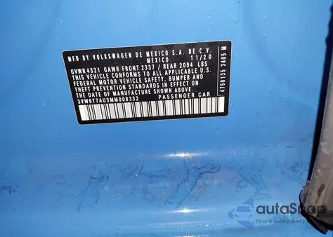 2021 Volkswagen Golf Gti z USA, uszkodzony, nr VIN 3VW6T7AU3MM008332